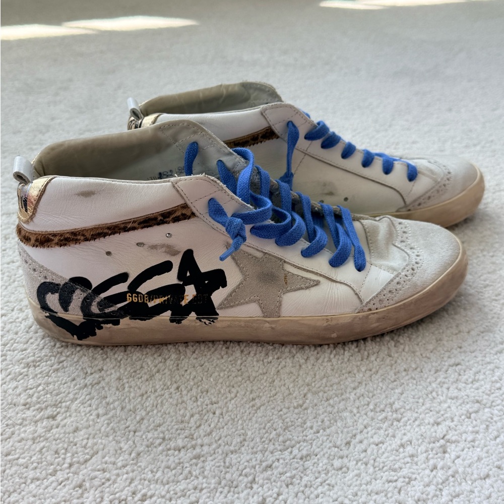 Golden Goose Mid Star White Leather Sneakers with Blue Laces sz 41